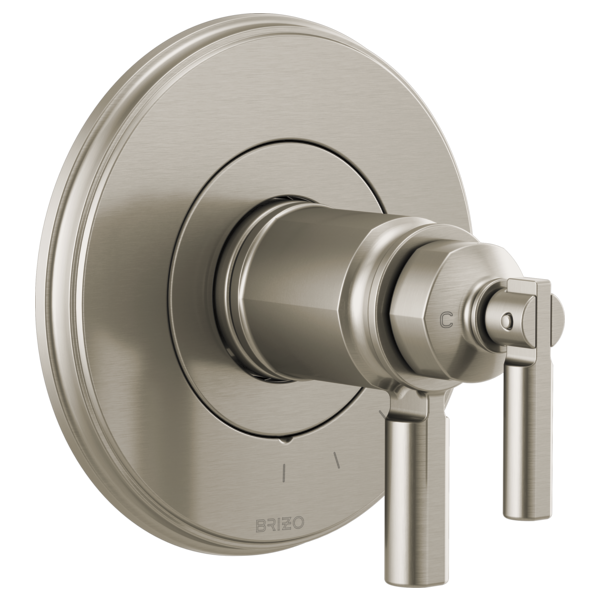 Brushed nickel thermostatic valve trim with circular escutcheon plate and lever handle.