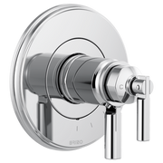 Brizo Invari thermostatic valve trim with round chrome escutcheon and dual metal lever handles.