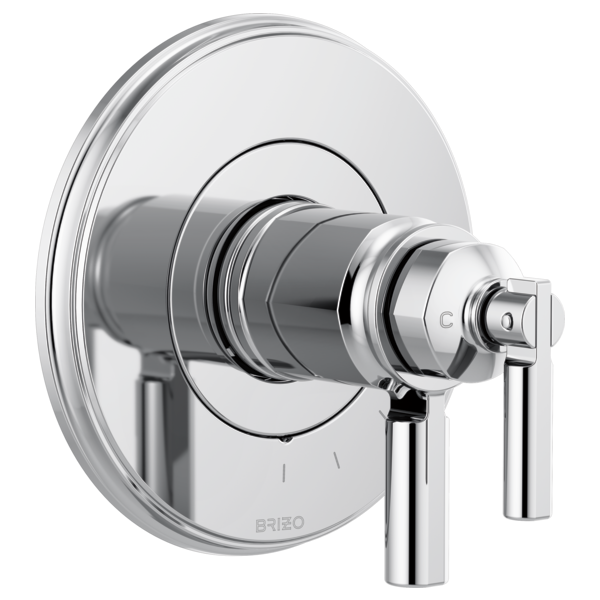 Brizo Invari thermostatic valve trim with round chrome escutcheon and dual metal lever handles.