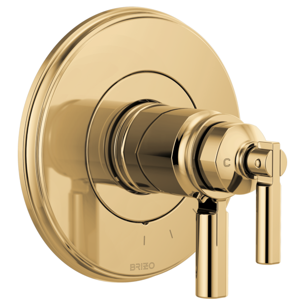 Brizo Invari thermostatic valve trim with round backplate and lever handle in champagne bronze finish.