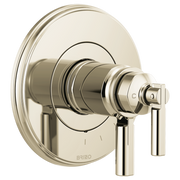 Polished nickel thermostatic valve trim with circular backplate and lever handle.