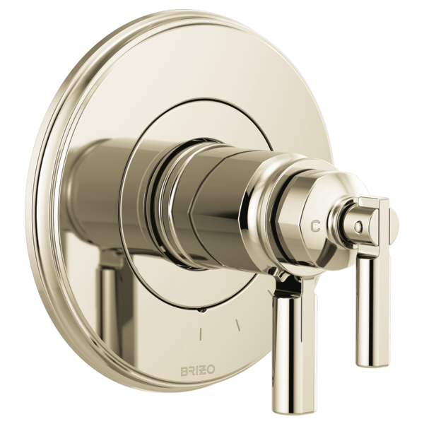 Polished nickel thermostatic valve trim with circular backplate and lever handle.