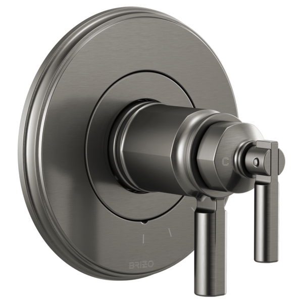 Brushed chrome thermostatic valve trim with round escutcheon plate and lever handle.