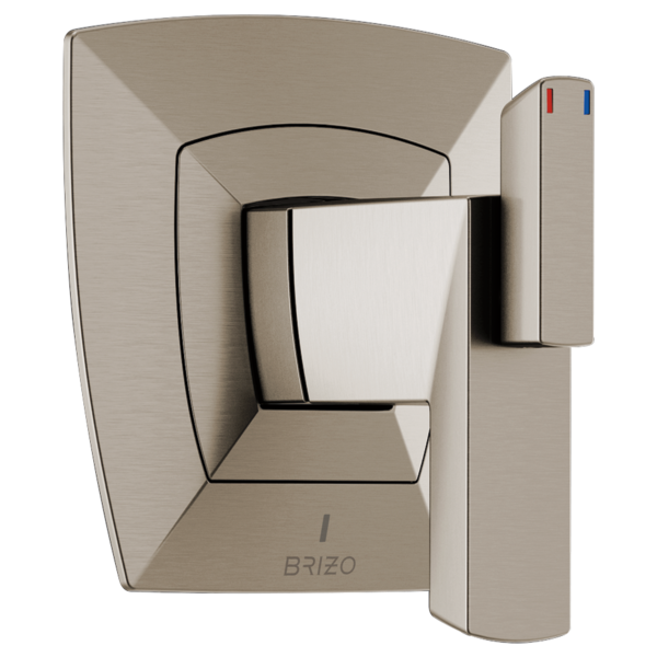 Brizo Vettis brushed nickel thermostatic valve trim with square escutcheon plate and single lever handle.