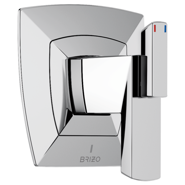 Chrome thermostatic valve trim with square escutcheon plate and single lever handle with red and blue temperature indicators.