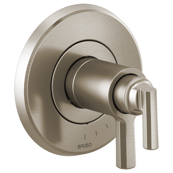 Brushed nickel thermostatic valve trim with round escutcheon plate and lever handle.