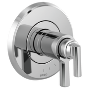Chrome thermostatic valve trim with circular escutcheon plate and lever handle, front view.