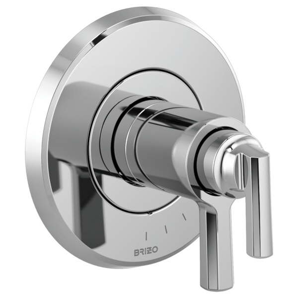 Chrome thermostatic valve trim with circular escutcheon plate and lever handle, front view.