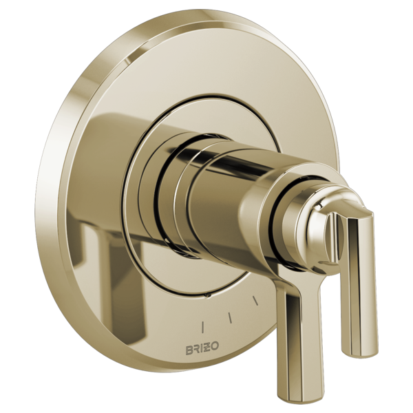 Brizo Levoir thermostatic valve trim with round escutcheon plate and lever handle in polished nickel finish.