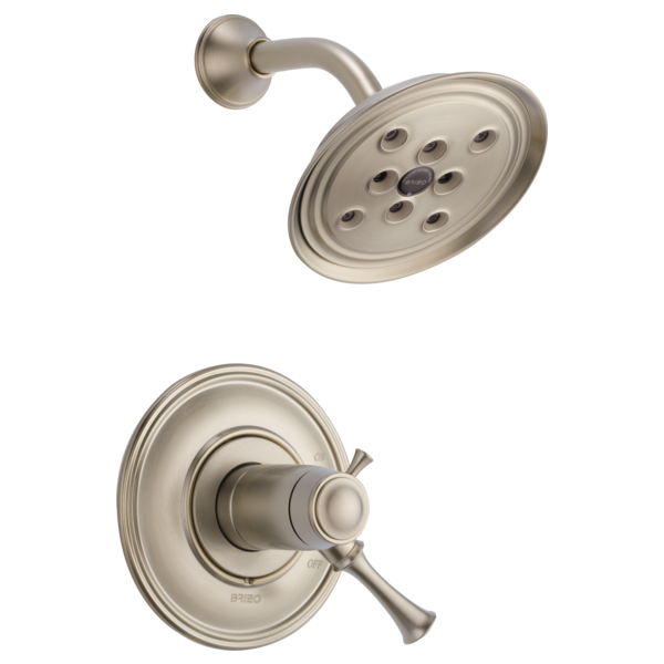 Brushed nickel thermostatic shower valve with oval showerhead and lever handle.