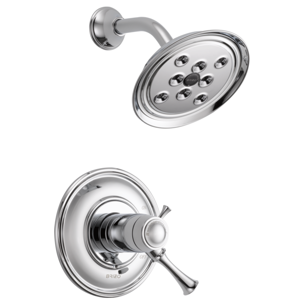 Chrome thermostatic shower system with round showerhead and wall-mounted control valve with lever handle.