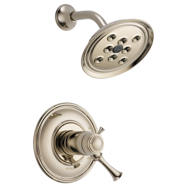Chrome thermostatic shower valve with round trim plate, matching showerhead with multiple spray ports and curved arm.