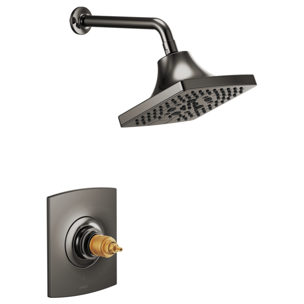 Black thermostatic shower trim with rectangular showerhead and curved arm, featuring square wall plate with brass internal va
