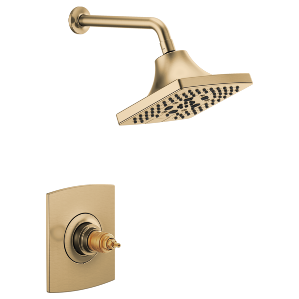 Champagne bronze shower trim with square showerhead and curved arm; valve body shown separately below.