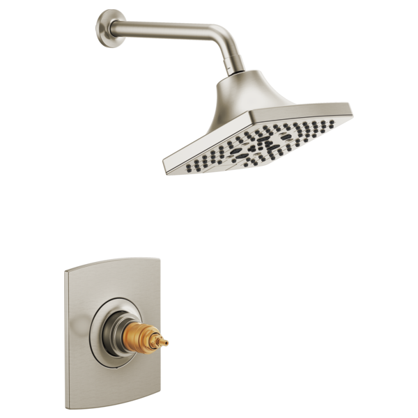 Brushed nickel shower trim with square showerhead, curved arm, and wall-mounted valve body with brass cartridge.