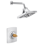 Chrome shower trim with square rainfall showerhead and wall-mounted valve body with brass cartridge.