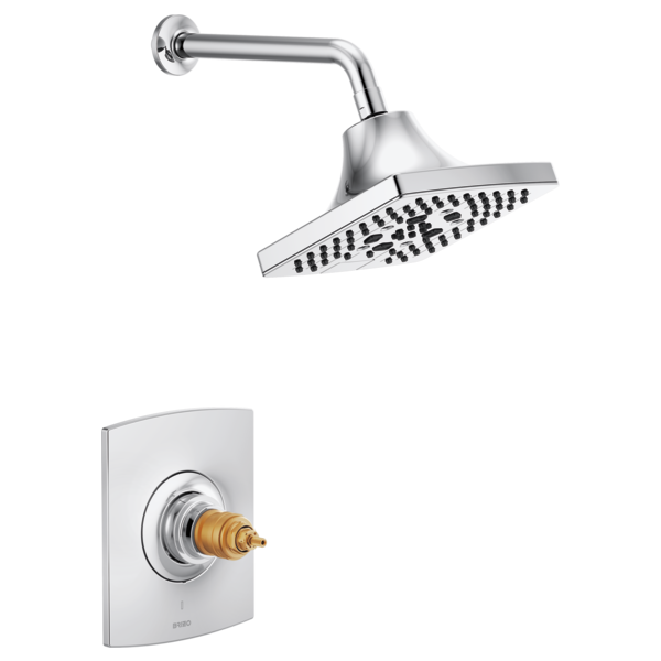 Chrome shower trim with square rainfall showerhead and wall-mounted valve body with brass cartridge.