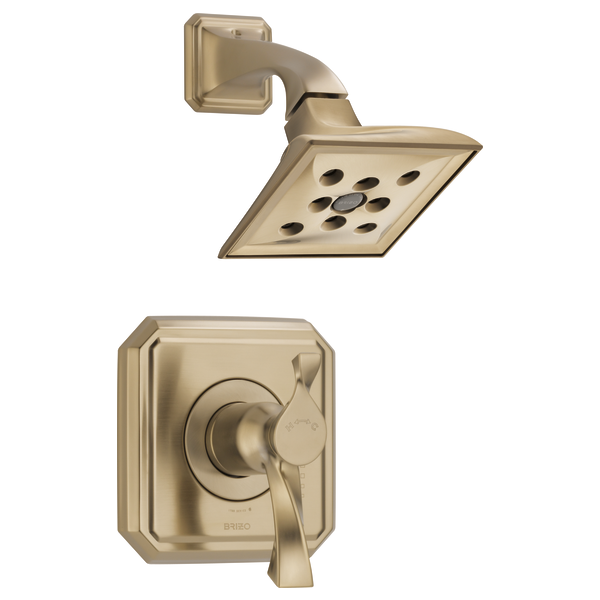 Champagne bronze thermostatic shower valve with square showerhead and lever handle.