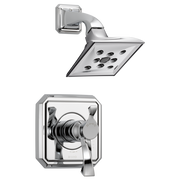 Chrome shower head with multiple jets mounted on angled arm; matching control valve with lever handle below.