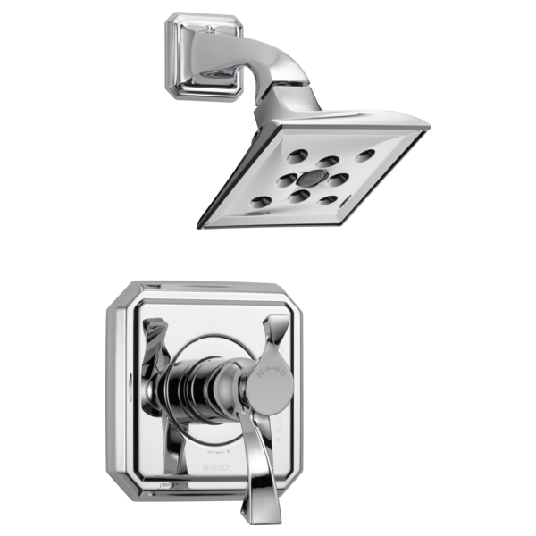 Chrome shower head with multiple jets mounted on angled arm; matching control valve with lever handle below.