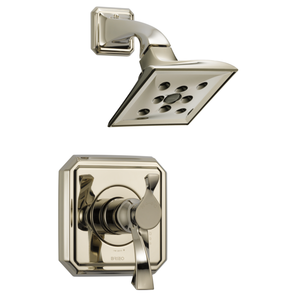 Brushed nickel square showerhead with multiple spray holes and matching wall-mounted thermostatic valve control with lever ha