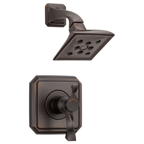 Oil-rubbed bronze square shower head with adjustable arm and matching thermostatic valve control with lever handle.
