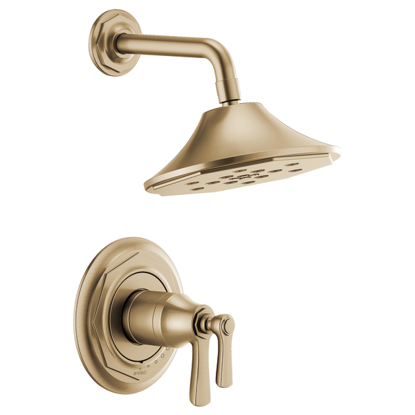 Champagne bronze thermostatic shower valve with lever handles and matching showerhead with multiple spray holes.