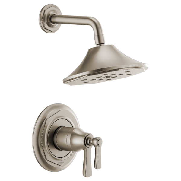 Brushed nickel thermostatic shower valve with lever handles and cone-shaped showerhead with horizontal spray holes.