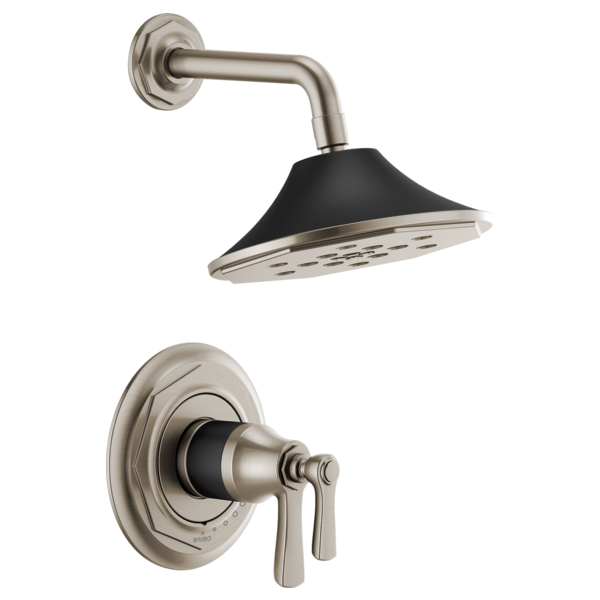 Brushed nickel thermostatic shower system with black showerhead and dual lever valve trim.