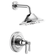 Chrome thermostatic shower valve with rectangular showerhead and curved arm mounted on circular wall escutcheon.
