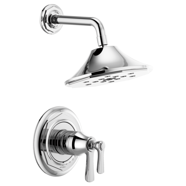 Chrome thermostatic shower valve with rectangular showerhead and curved arm mounted on circular wall escutcheon.