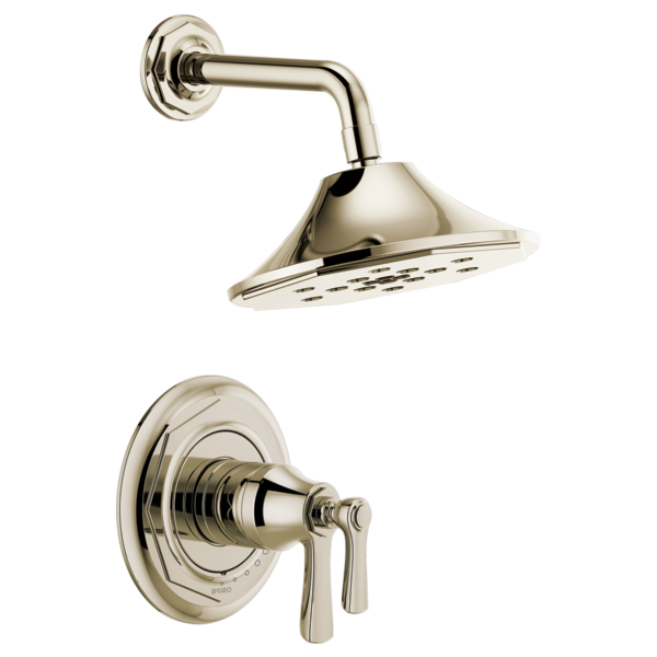 Chrome showerhead with curved arm and matching round valve trim with dual lever handles.
