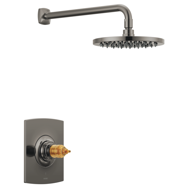 Gunmetal gray thermostatic shower trim with round showerhead and wall-mounted valve cartridge without handles.