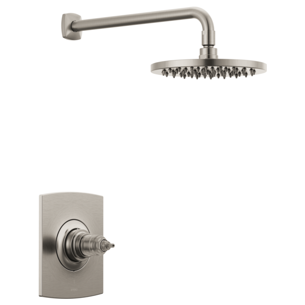 Brushed nickel shower trim with round showerhead and wall-mounted arm, thermostatic valve body without handles.