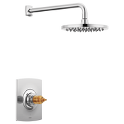 Polished chrome shower trim with round overhead showerhead and angled arm, wall-mounted thermostatic valve shown separately b