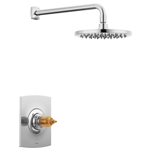 Polished chrome shower trim with round overhead showerhead and angled arm, wall-mounted thermostatic valve shown separately b