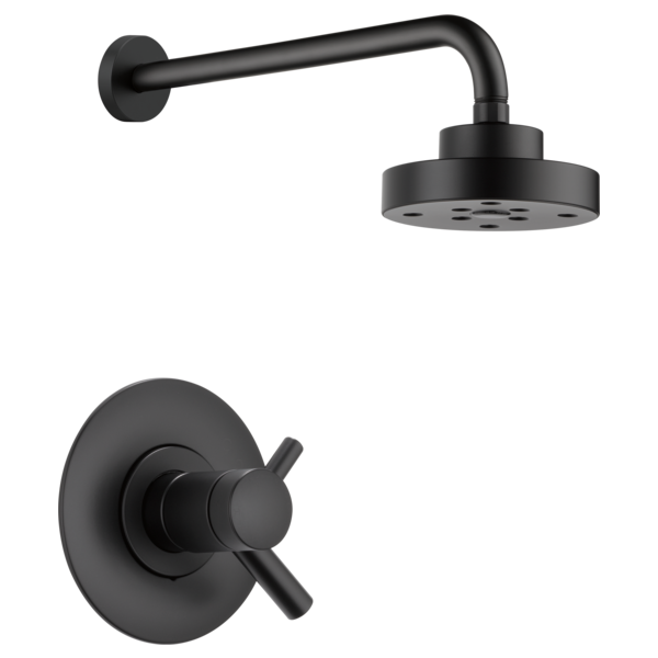 Black thermostatic shower system with round wall-mounted valve trim and overhead rainfall showerhead with horizontal arm.