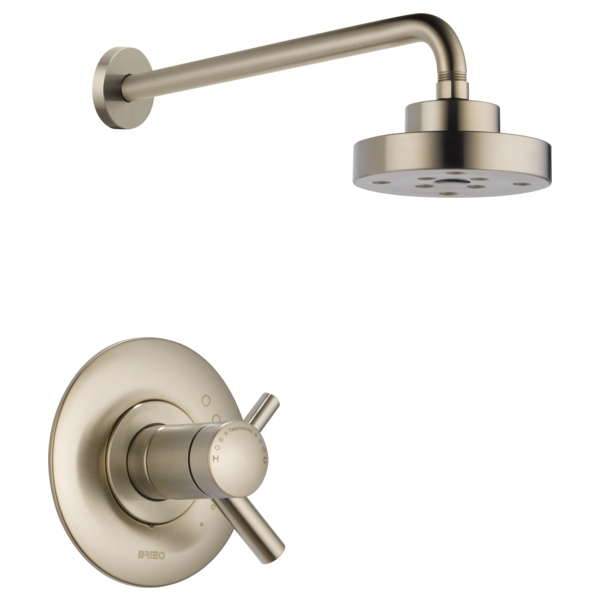 Brushed nickel thermostatic shower valve with round showerhead and wall-mounted arm.