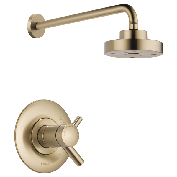 Brushed gold thermostatic shower valve with round showerhead and wall-mounted arm.