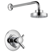 Chrome thermostatic shower system with round showerhead and wall-mounted control valve with lever handle.