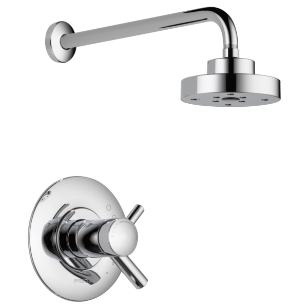 Chrome thermostatic shower system with round showerhead and wall-mounted control valve with lever handle.