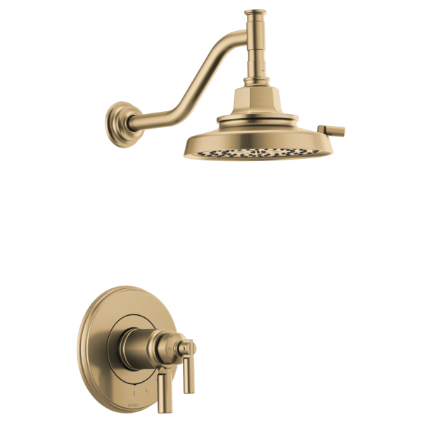 Champagne bronze thermostatic shower trim with curved arm, round showerhead, and lever handle control valve.