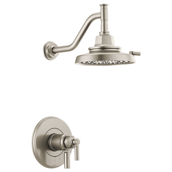 Brushed nickel thermostatic shower trim with curved arm, round showerhead, and circular valve handle.