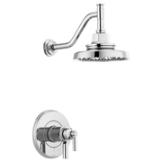 Chrome thermostatic shower trim with curved wall arm, round showerhead, and circular valve plate with lever handle.