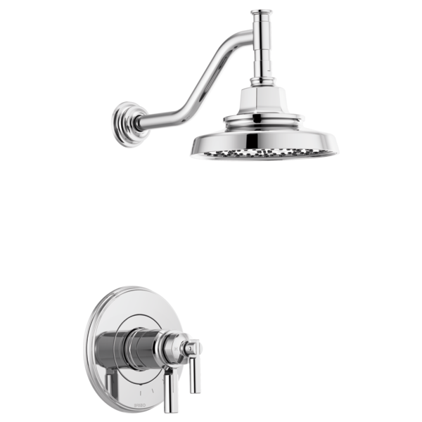 Chrome thermostatic shower trim with curved wall arm, round showerhead, and circular valve plate with lever handle.