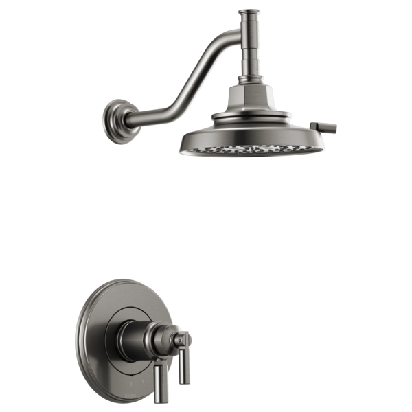 Brushed nickel shower trim with round showerhead, curved arm, wall escutcheon, and single lever thermostatic control.