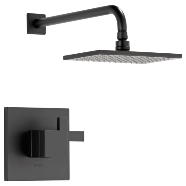 Matte black shower trim with square showerhead and wall-mounted control valve.