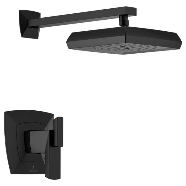 Black matte thermostatic shower trim with rectangular showerhead and wall-mounted control valve.