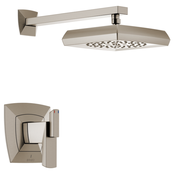 Brushed nickel thermostatic shower trim with rectangular wall mount, curved arm, and square rainfall showerhead.