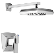Chrome shower trim with rectangular overhead showerhead and wall-mounted valve with curved handle.